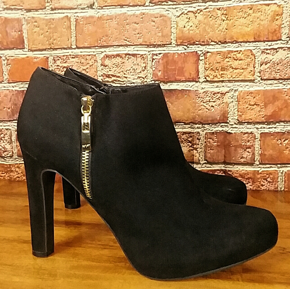 Marc Fisher Black Suede Ankle Booties with Gold Zipper